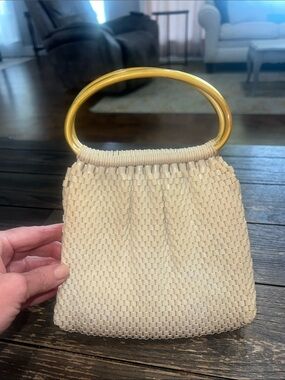 Hand woven Cream Handbag with resin Handles
